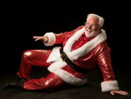 hombre vestido como Papa Noel claus en juguetón actitud en sólido antecedentes ai generativo foto