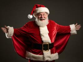 Man dressed as Santa Claus in playful pose on solid background AI Generative photo