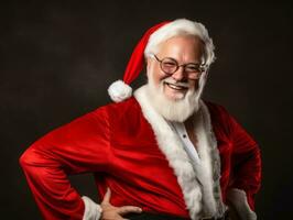 hombre vestido como Papa Noel claus en juguetón actitud en sólido antecedentes ai generativo foto