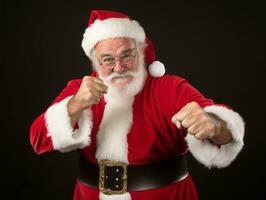 hombre vestido como Papa Noel claus en juguetón actitud en sólido antecedentes ai generativo foto