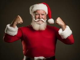 hombre vestido como Papa Noel claus en juguetón actitud en sólido antecedentes ai generativo foto