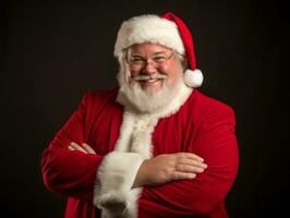 hombre vestido como Papa Noel claus en juguetón actitud en sólido antecedentes ai generativo foto