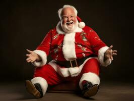 hombre vestido como Papa Noel claus en juguetón actitud en sólido antecedentes ai generativo foto