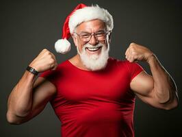 hombre vestido como Papa Noel claus en juguetón actitud en sólido antecedentes ai generativo foto