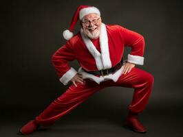 hombre vestido como Papa Noel claus en juguetón actitud en sólido antecedentes ai generativo foto