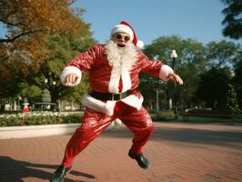 hombre vestido como Papa Noel claus en juguetón actitud en sólido antecedentes ai generativo foto