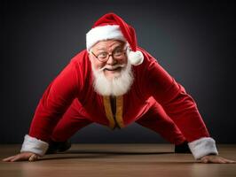 Man dressed as Santa Claus in playful pose on solid background AI Generative photo