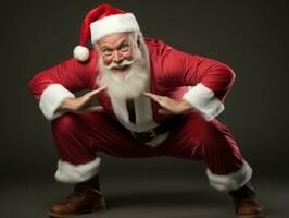 hombre vestido como Papa Noel claus en juguetón actitud en sólido antecedentes ai generativo foto