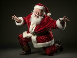 hombre vestido como Papa Noel claus en juguetón actitud en sólido antecedentes ai generativo foto