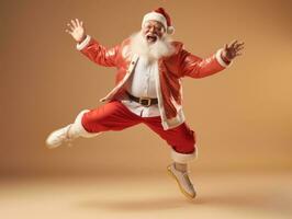 Man dressed as Santa Claus in playful pose on solid background AI Generative photo