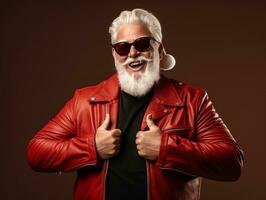 Man dressed as Santa Claus in playful pose on solid background AI Generative photo