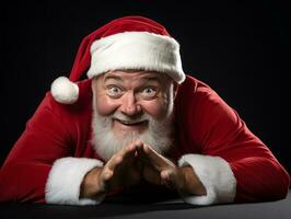 hombre vestido como Papa Noel claus en juguetón actitud en sólido antecedentes ai generativo foto