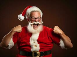 Man dressed as Santa Claus in playful pose on solid background AI Generative photo