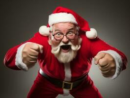 Man dressed as Santa Claus in playful pose on solid background AI Generative photo