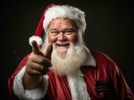 hombre vestido como Papa Noel claus en juguetón actitud en sólido antecedentes ai generativo foto