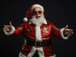 hombre vestido como Papa Noel claus en juguetón actitud en sólido antecedentes ai generativo foto