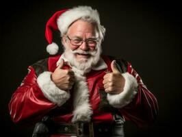 hombre vestido como Papa Noel claus en juguetón actitud en sólido antecedentes ai generativo foto