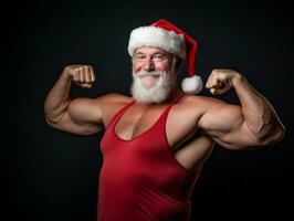 hombre vestido como Papa Noel claus en juguetón actitud en sólido antecedentes ai generativo foto