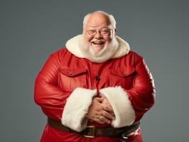 hombre vestido como Papa Noel claus en juguetón actitud en sólido antecedentes ai generativo foto