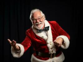 hombre vestido como Papa Noel claus en juguetón actitud en sólido antecedentes ai generativo foto