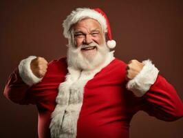 hombre vestido como Papa Noel claus en juguetón actitud en sólido antecedentes ai generativo foto