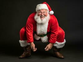 hombre vestido como Papa Noel claus en juguetón actitud en sólido antecedentes ai generativo foto