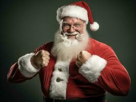 hombre vestido como Papa Noel claus en juguetón actitud en sólido antecedentes ai generativo foto