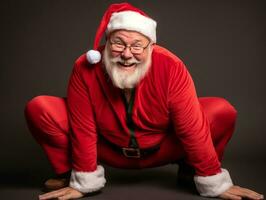 hombre vestido como Papa Noel claus en juguetón actitud en sólido antecedentes ai generativo foto