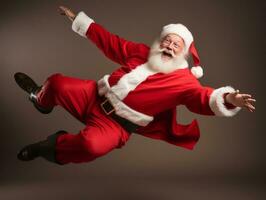 hombre vestido como Papa Noel claus en juguetón actitud en sólido antecedentes ai generativo foto