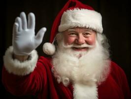 hombre vestido como Papa Noel claus en juguetón actitud en sólido antecedentes ai generativo foto