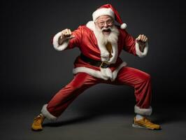 Man dressed as Santa Claus in playful pose on solid background AI Generative photo