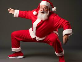 Man dressed as Santa Claus in playful pose on solid background AI Generative photo