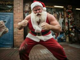 hombre vestido como Papa Noel claus en juguetón actitud en sólido antecedentes ai generativo foto