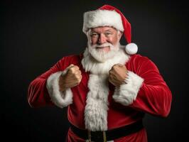 hombre vestido como Papa Noel claus en juguetón actitud en sólido antecedentes ai generativo foto