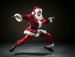 hombre vestido como Papa Noel claus en juguetón actitud en sólido antecedentes ai generativo foto