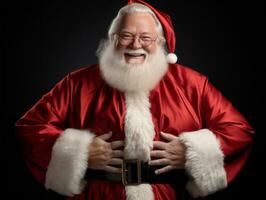 hombre vestido como Papa Noel claus en juguetón actitud en sólido antecedentes ai generativo foto