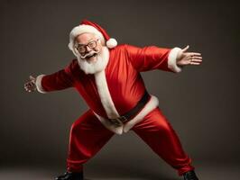 hombre vestido como Papa Noel claus en juguetón actitud en sólido antecedentes ai generativo foto