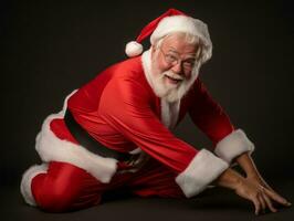 hombre vestido como Papa Noel claus en juguetón actitud en sólido antecedentes ai generativo foto