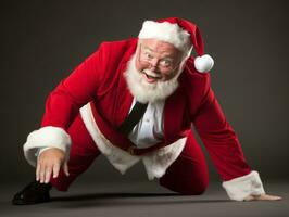 hombre vestido como Papa Noel claus en juguetón actitud en sólido antecedentes ai generativo foto