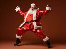 hombre vestido como Papa Noel claus en juguetón actitud en sólido antecedentes ai generativo foto