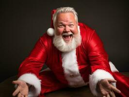 Man dressed as Santa Claus in playful pose on solid background AI Generative photo