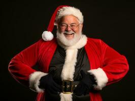 hombre vestido como Papa Noel claus en juguetón actitud en sólido antecedentes ai generativo foto