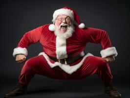 hombre vestido como Papa Noel claus en juguetón actitud en sólido antecedentes ai generativo foto