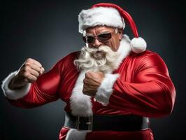 hombre vestido como Papa Noel claus en juguetón actitud en sólido antecedentes ai generativo foto