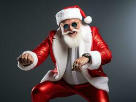 hombre vestido como Papa Noel claus en juguetón actitud en sólido antecedentes ai generativo foto