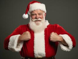 hombre vestido como Papa Noel claus en juguetón actitud en sólido antecedentes ai generativo foto