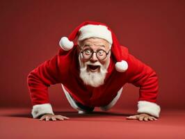 Man dressed as Santa Claus in playful pose on solid background AI Generative photo