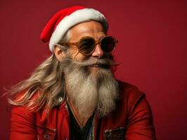 hombre vestido como Papa Noel claus en juguetón actitud en sólido antecedentes ai generativo foto