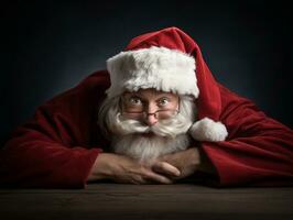 hombre vestido como Papa Noel claus en juguetón actitud en sólido antecedentes ai generativo foto