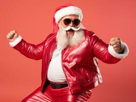 hombre vestido como Papa Noel claus en juguetón actitud en sólido antecedentes ai generativo foto